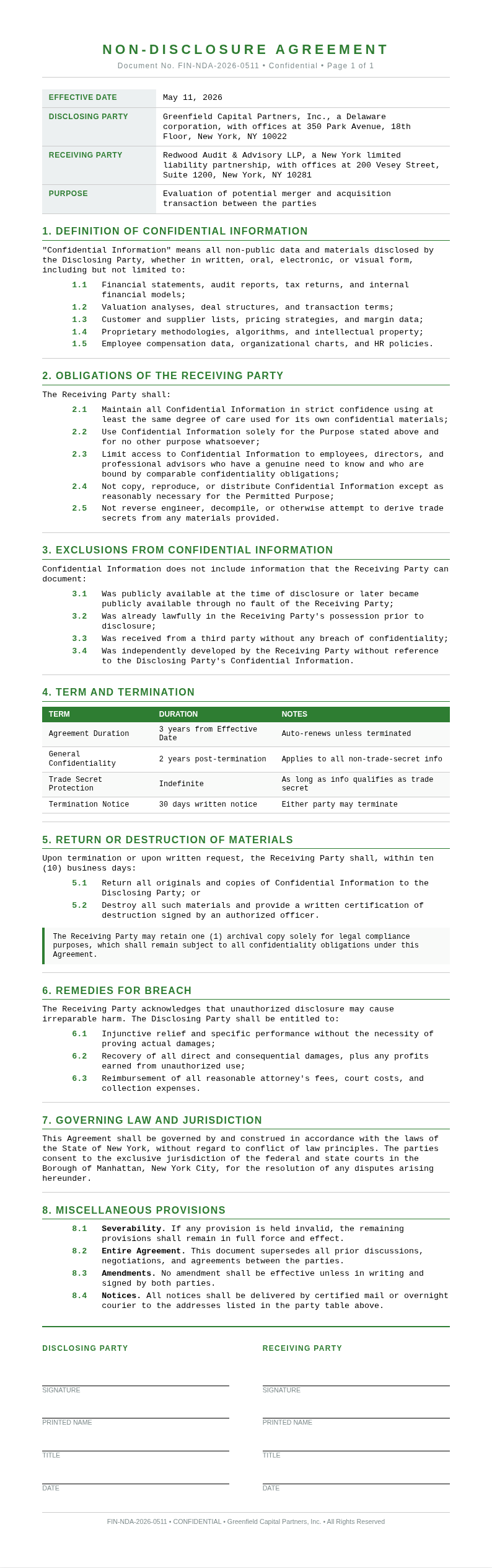 Financial statement Non Disclosure Agreement